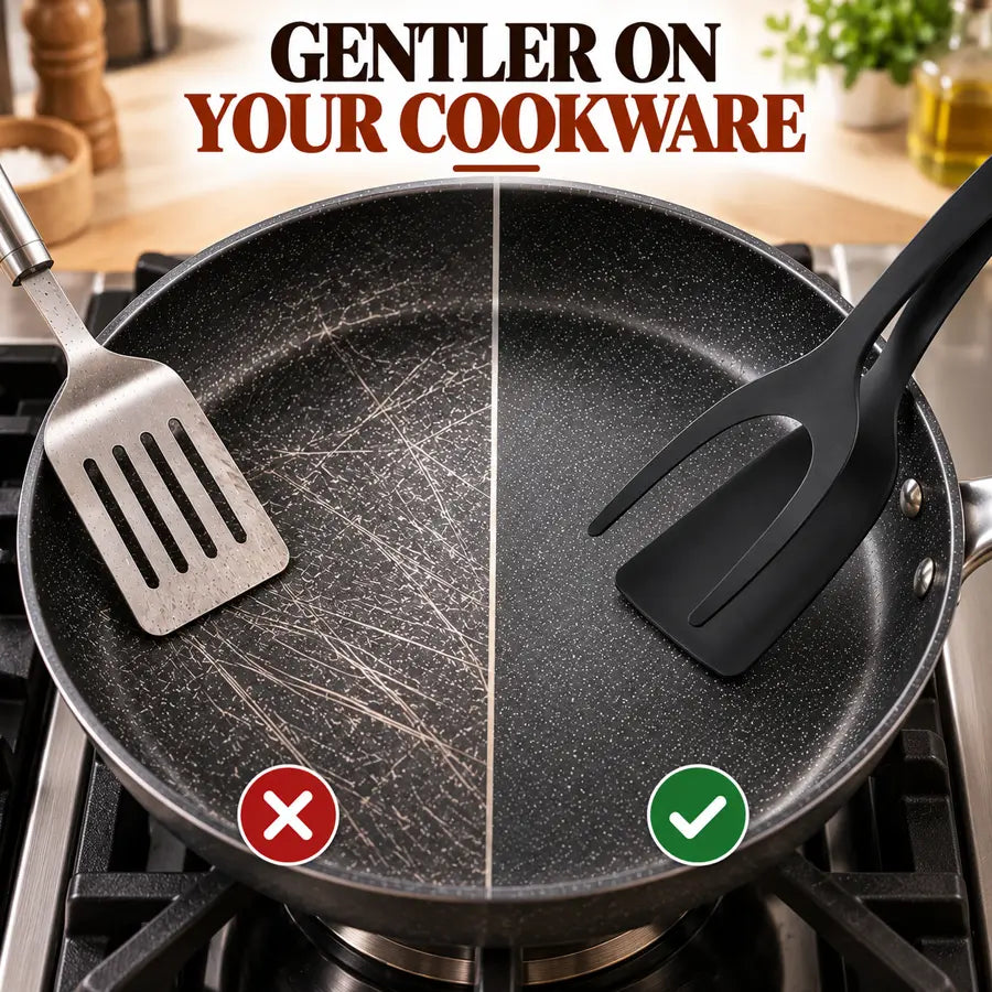 Grip and flip spatula tongs compared with metal spatula on non-stick cookware