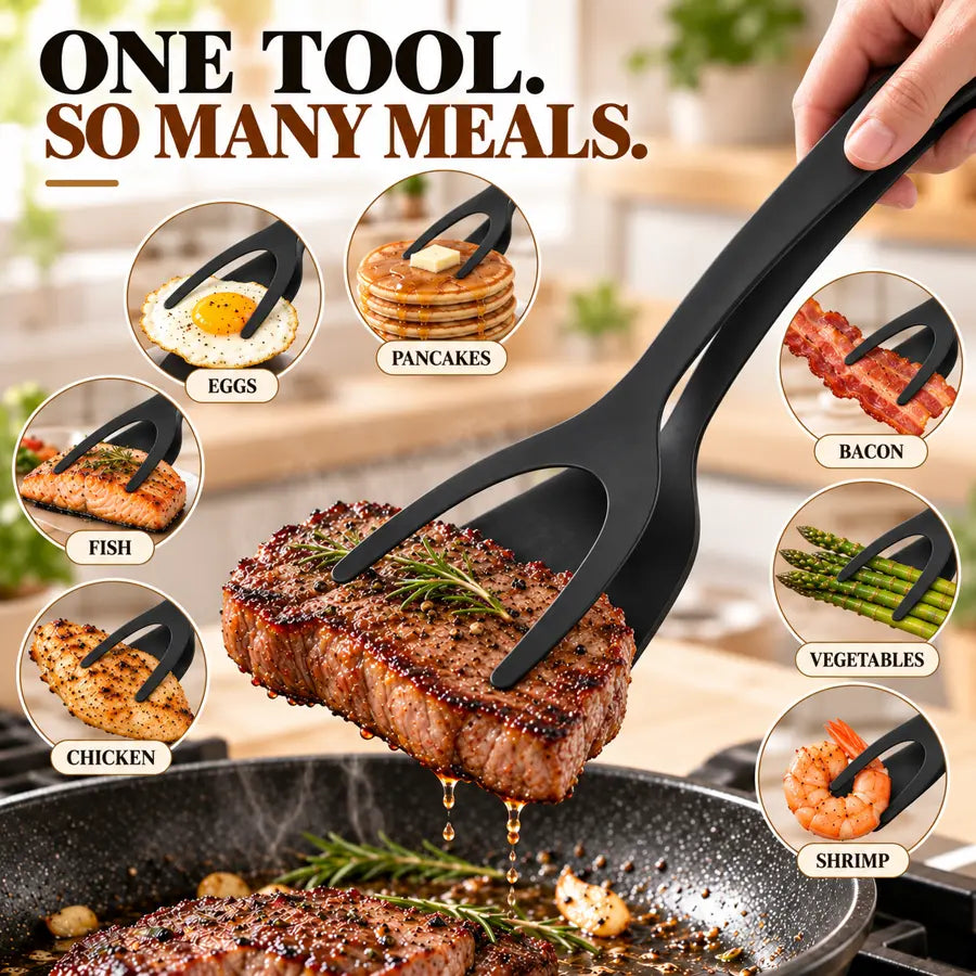 Grip and flip spatula tongs handling eggs pancakes fish bacon vegetables chicken shrimp and steak
