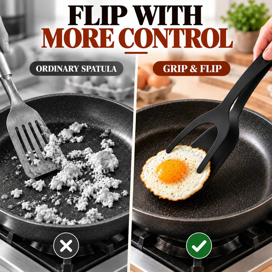 Ordinary spatula comparison with grip and flip spatula tongs flipping an egg with more control