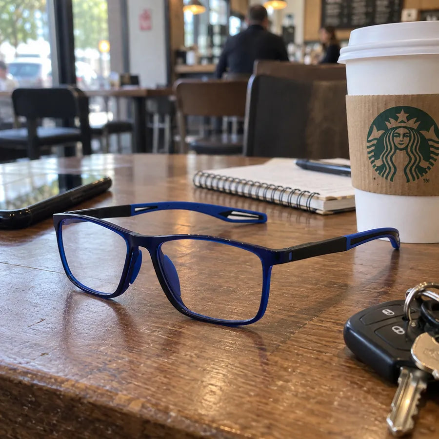 Blue and black glasses on a coffee shop table