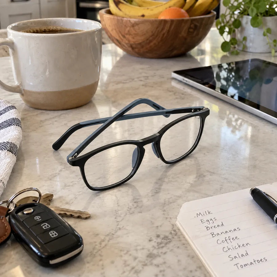 Black and gray glasses on a kitchen counter beside a shopping list