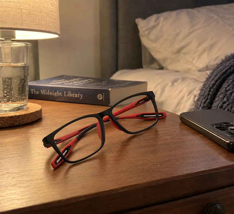 Black and red glasses on a bedside table with a book and phone