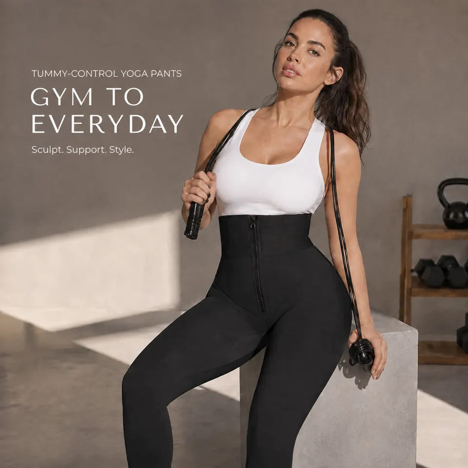 Tummy-control yoga pants styled from gym to everyday wear in classic black