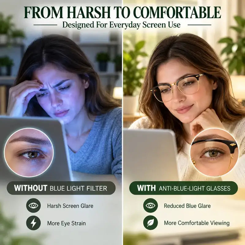 Before and after comfort comparison with anti-blue-light glasses