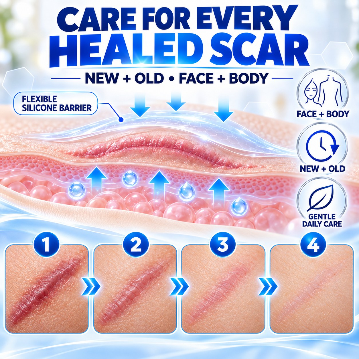 Silicone care for new and older fully healed scars across face and body areas