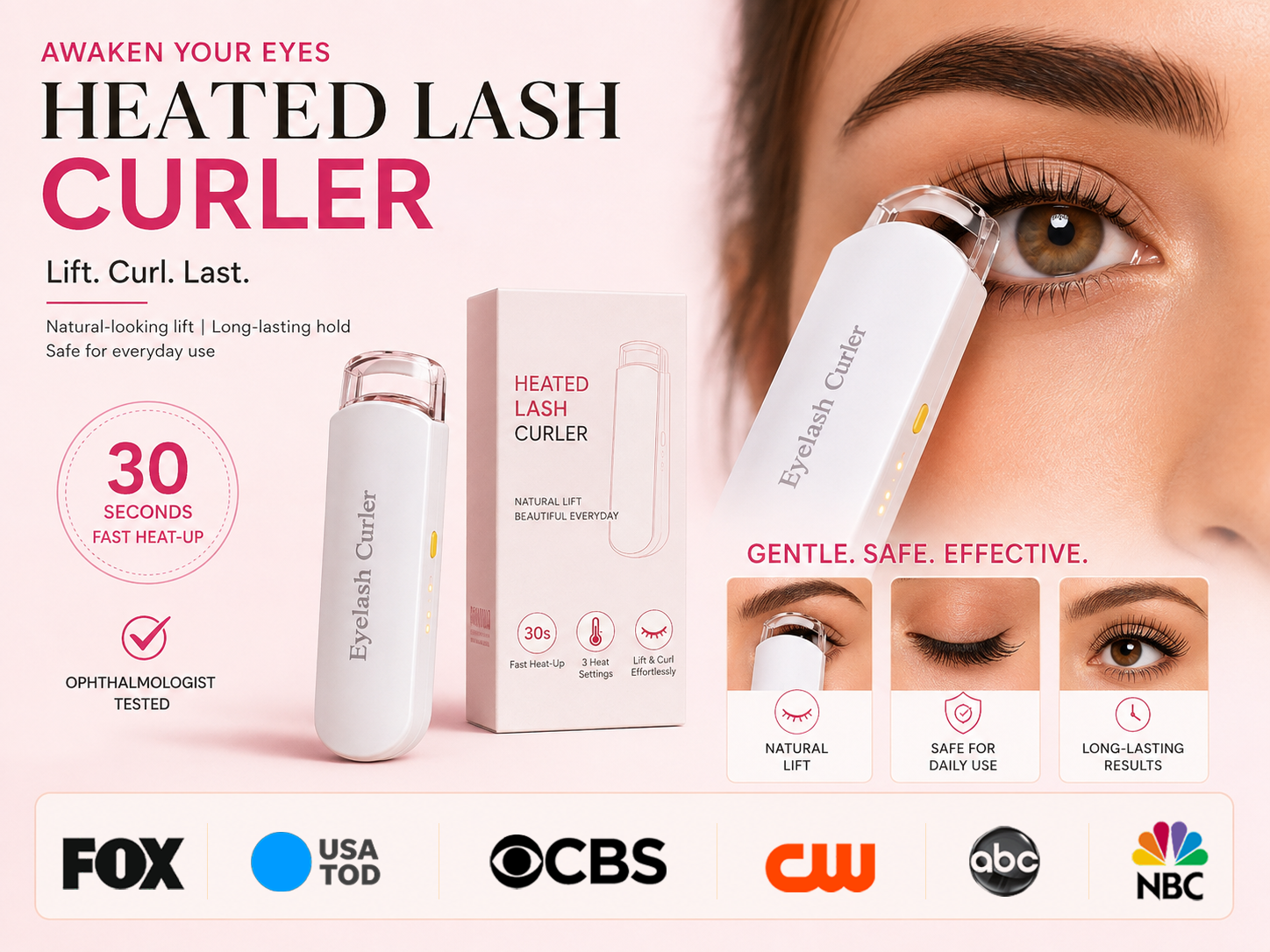 Heated lash curler trust image with product benefits