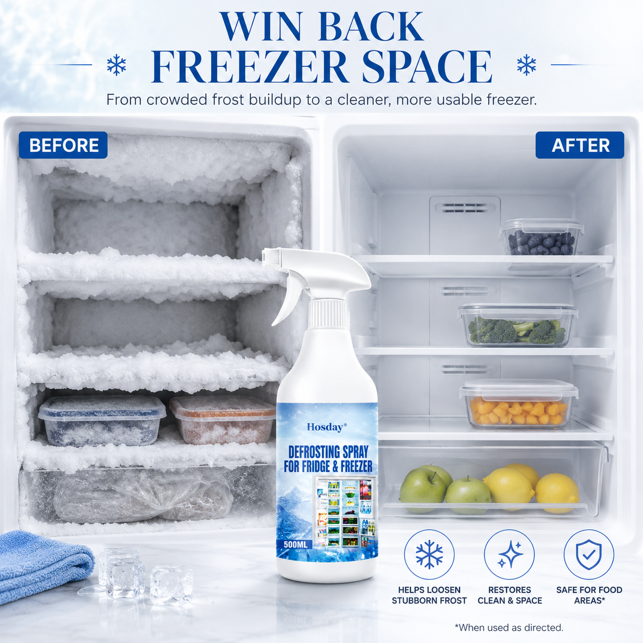 Hosday defrosting spray before and after freezer space comparison