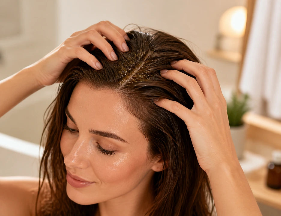 Woman massaging Batana Oil into her scalp
