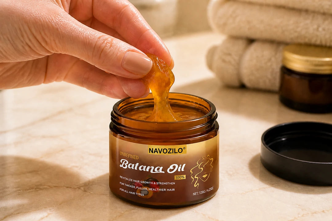 Scooping amber NAVOZILO Batana Oil from the jar