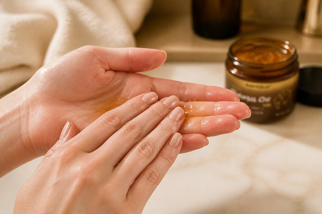 Warming Batana Oil between hands