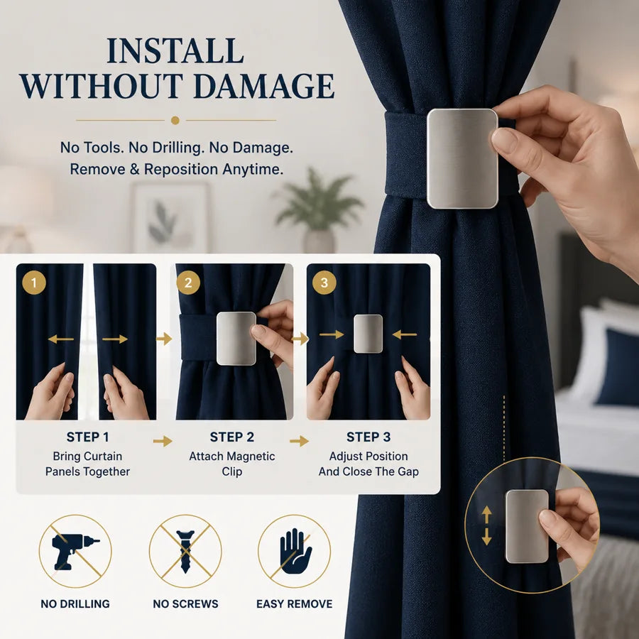 Install without damage guide for magnetic curtain closure clips