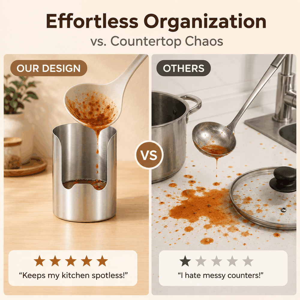Effortless organization comparison showing utensil holder keeping counters cleaner than messy countertop storage
