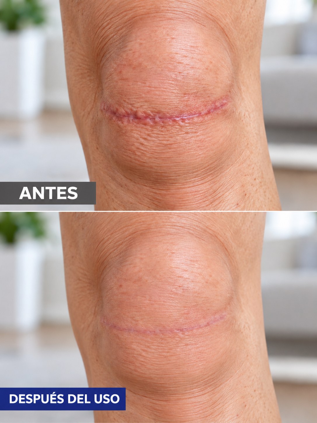 Comparación de apariencia antes y después del uso en una cicatriz de rodilla completamente cerrada