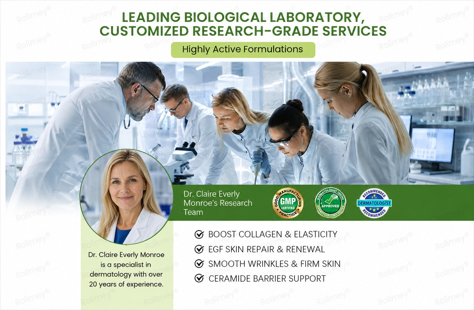 Dermatology laboratory team and research-grade Rolimey active formulation support