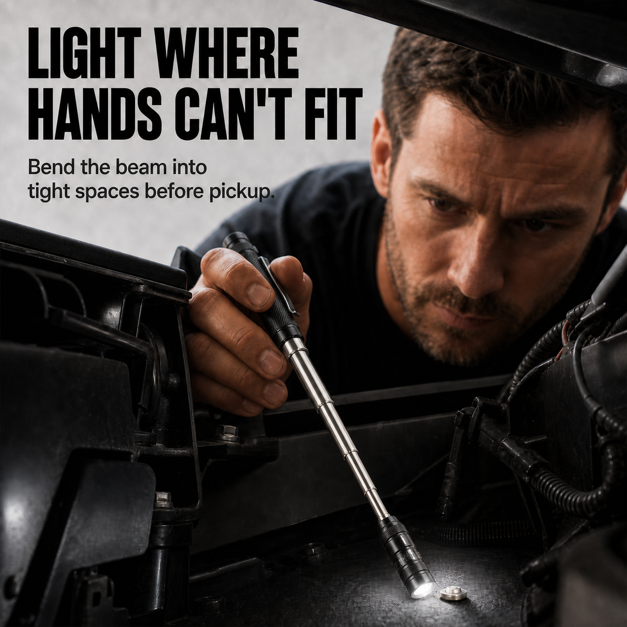 Light where hands cannot fit with magnetic telescopic flashlight