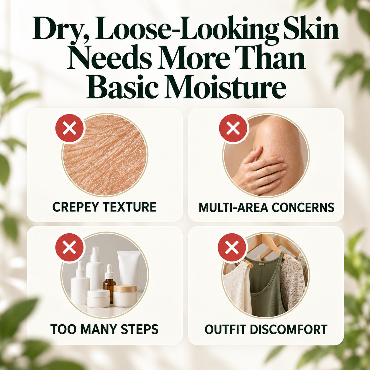 Body care concerns including dry and loose-looking skin on the neck, arms, belly and thighs