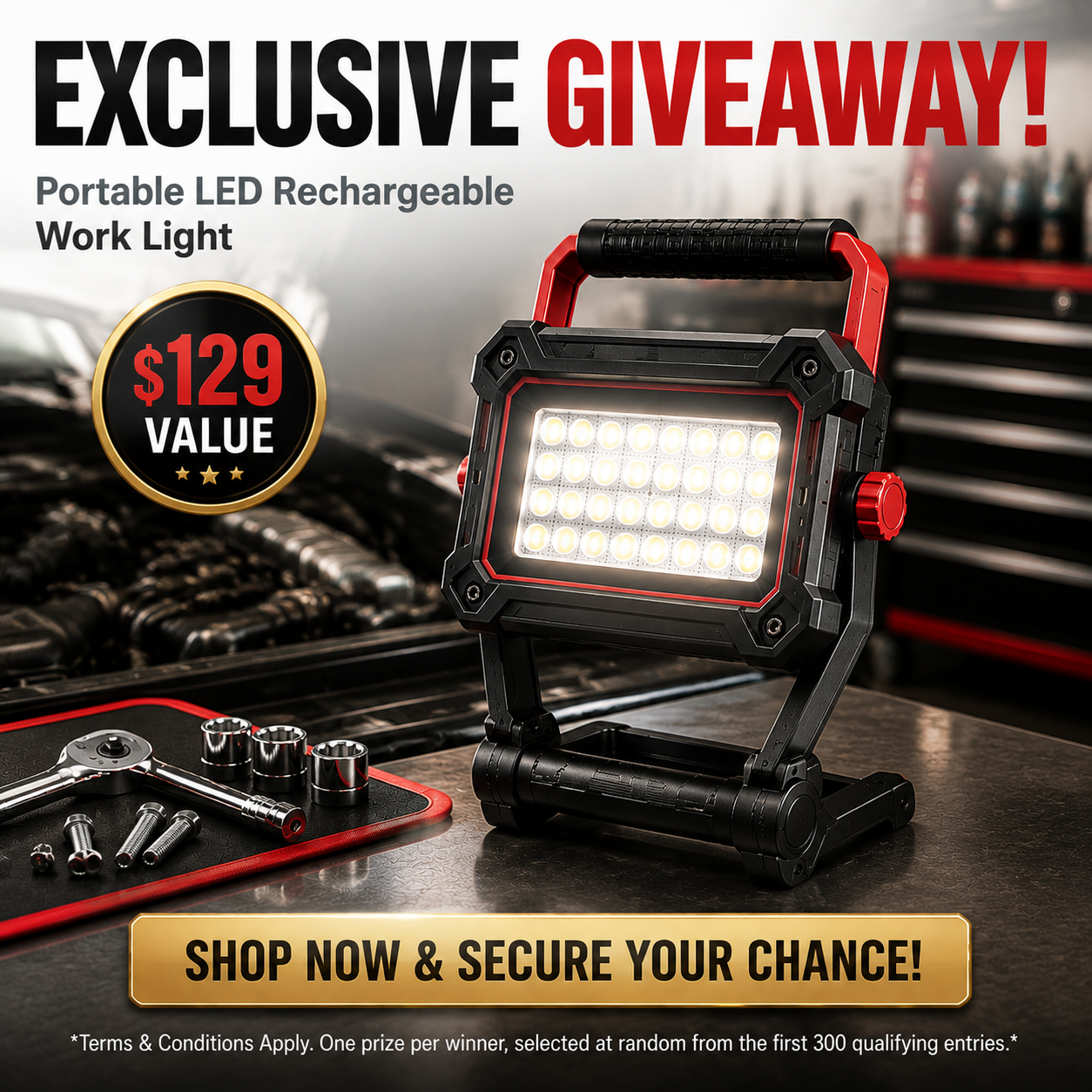 Exclusive giveaway portable LED rechargeable work light offer.