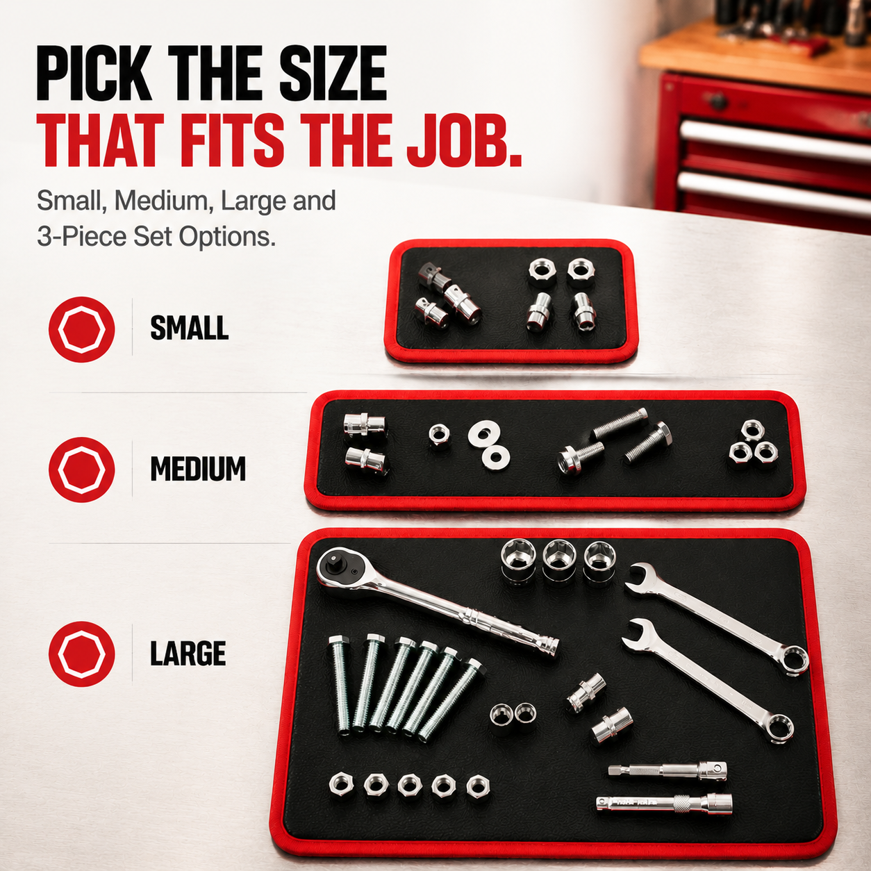 Small, medium, large and three-piece magnetic tool mat size options.
