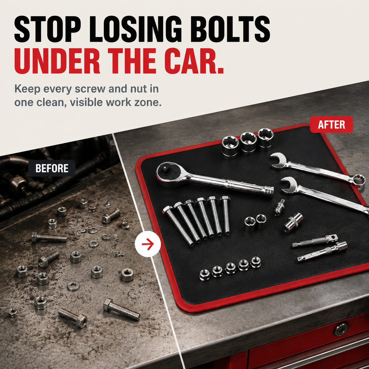Before and after magnetic tool mat keeping bolts organized under the car.