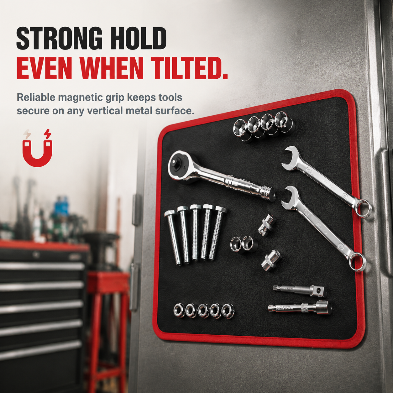 Magnetic tool mat holding tools on a vertical metal surface.