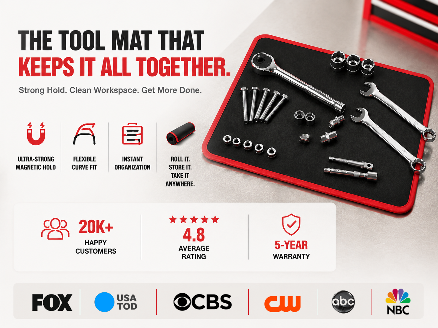 Trust graphic for magnetic tool mat keeping tools and hardware organized.
