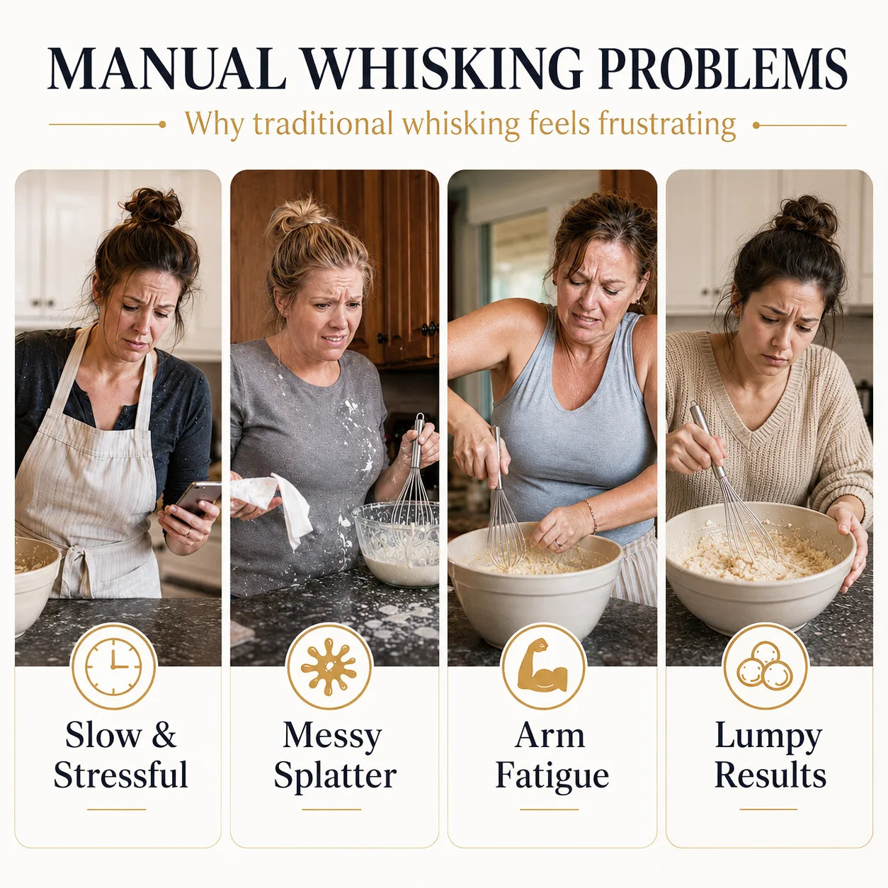 Manual whisking problems including slow work, messy splatter, arm fatigue, and lumpy results