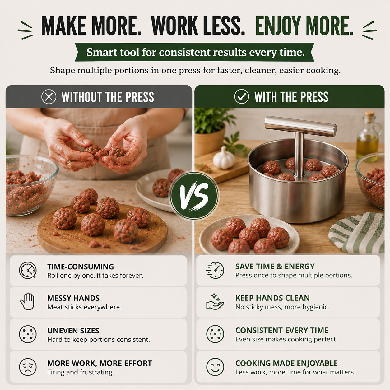 Comparison of hand rolling meatballs versus using the meatball press