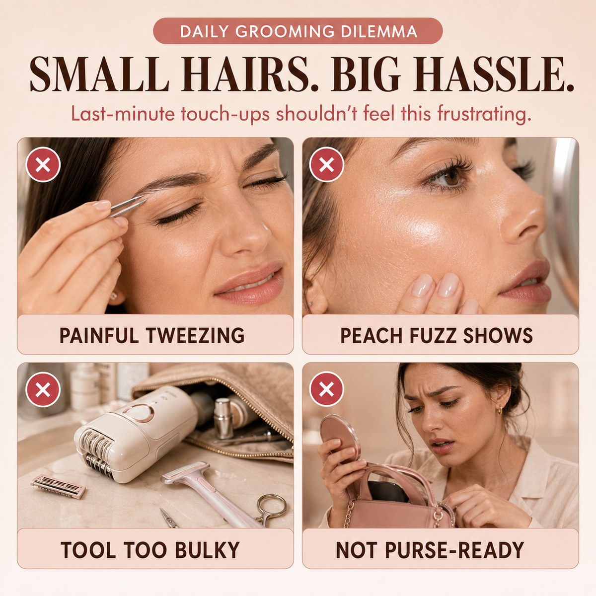 Daily grooming dilemma panel showing small hair pain points