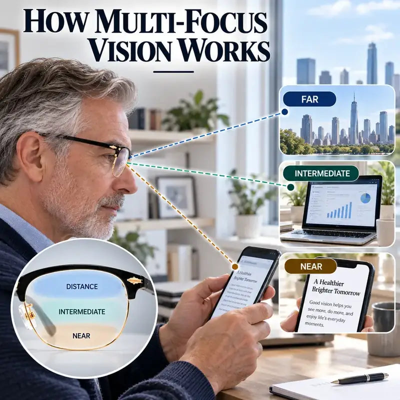 Multi-focus vision diagram for near, intermediate, and far viewing