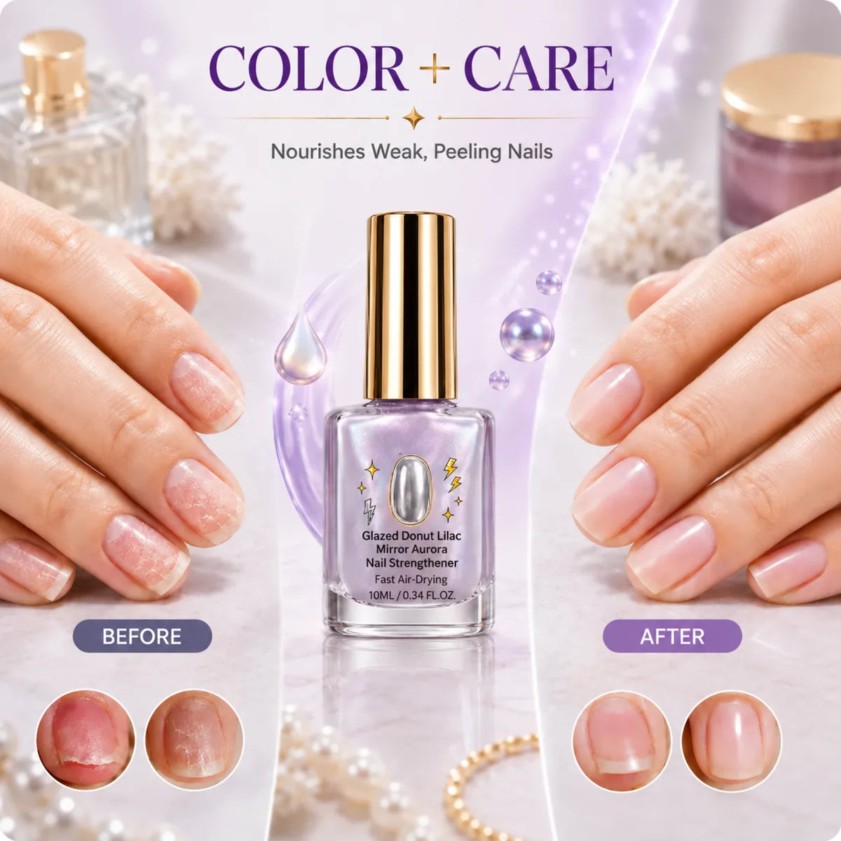 Color and care before after nail strengthening result