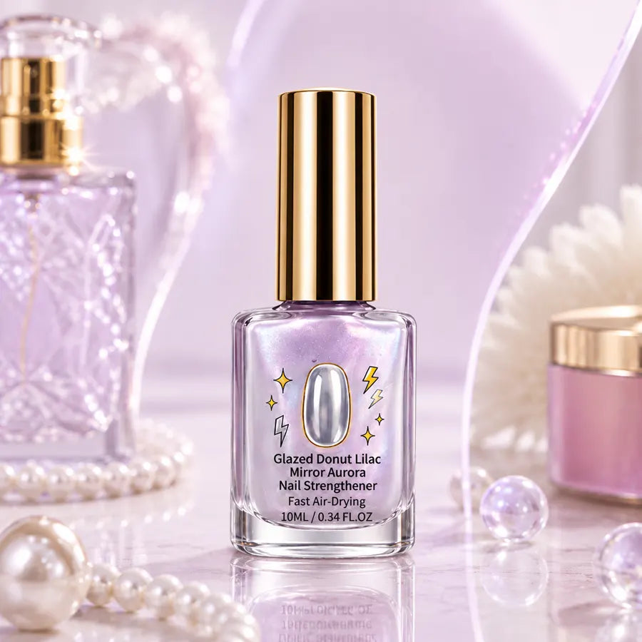 Lilac glossy nail strengthener 10 ml bottle product close-up