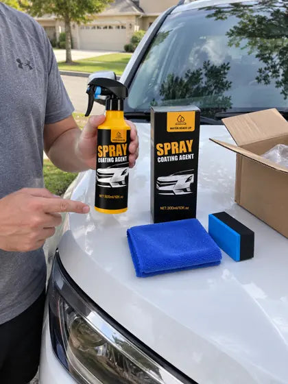 Car coating spray kit displayed on a white car hood