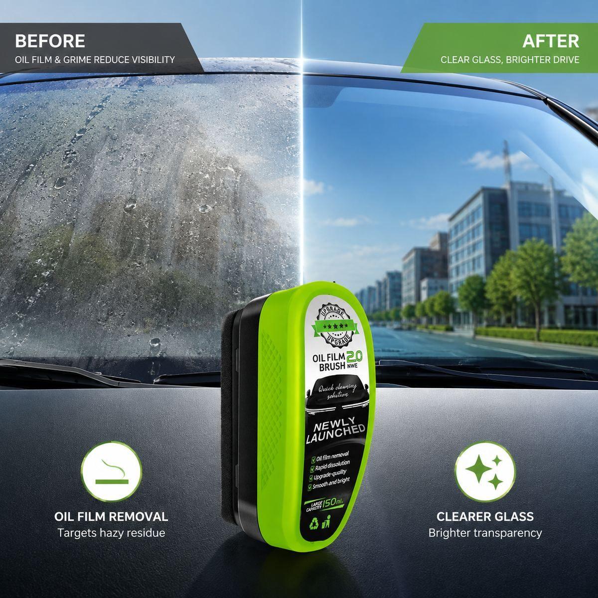 Before and after automotive glass oil film cleaning comparison