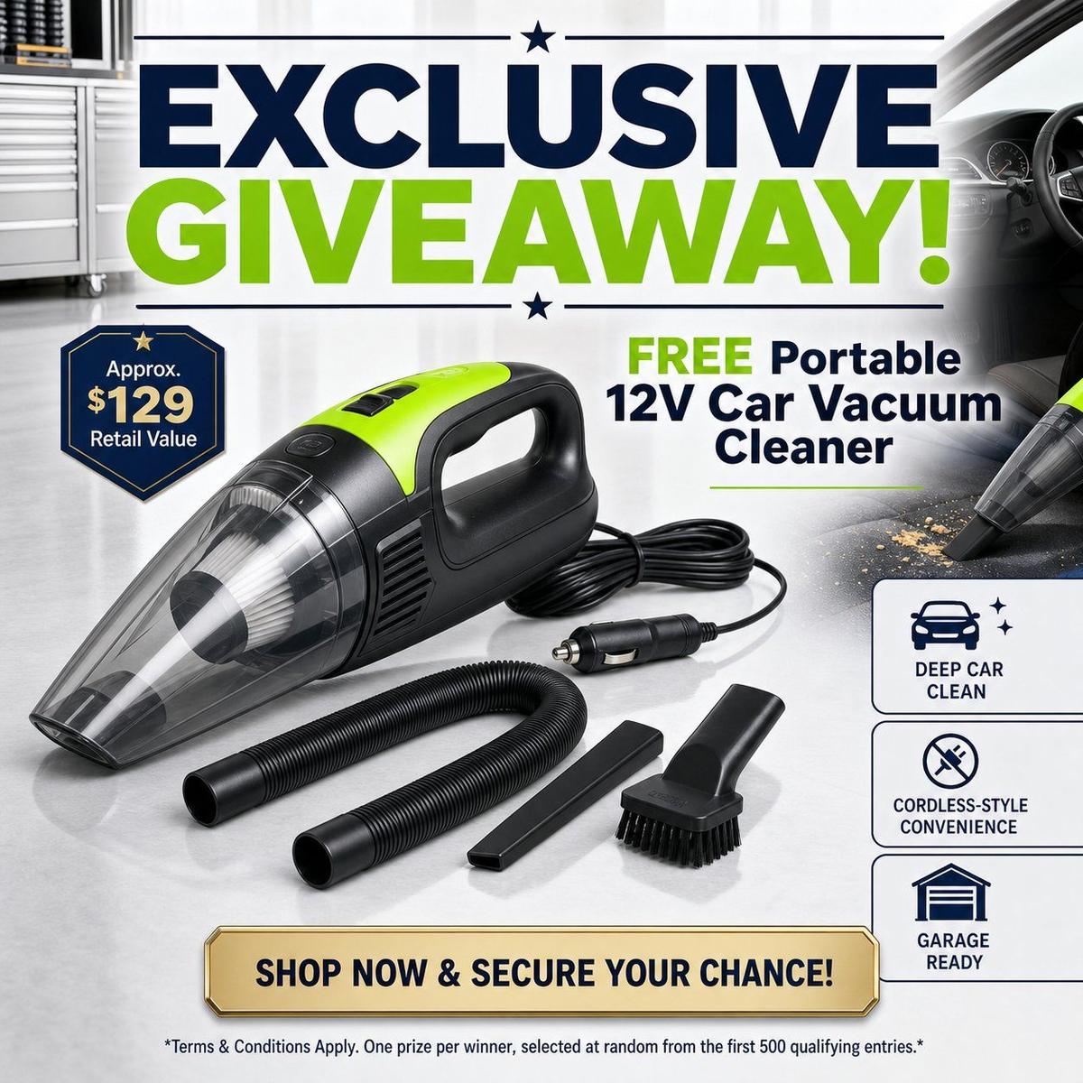 Exclusive giveaway portable 12V car vacuum cleaner poster