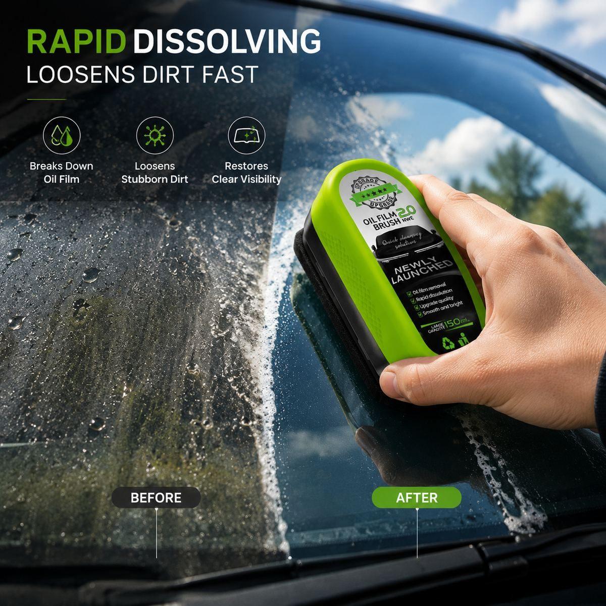 Oil Film Brush 2.0 rapidly dissolving windshield film and grime