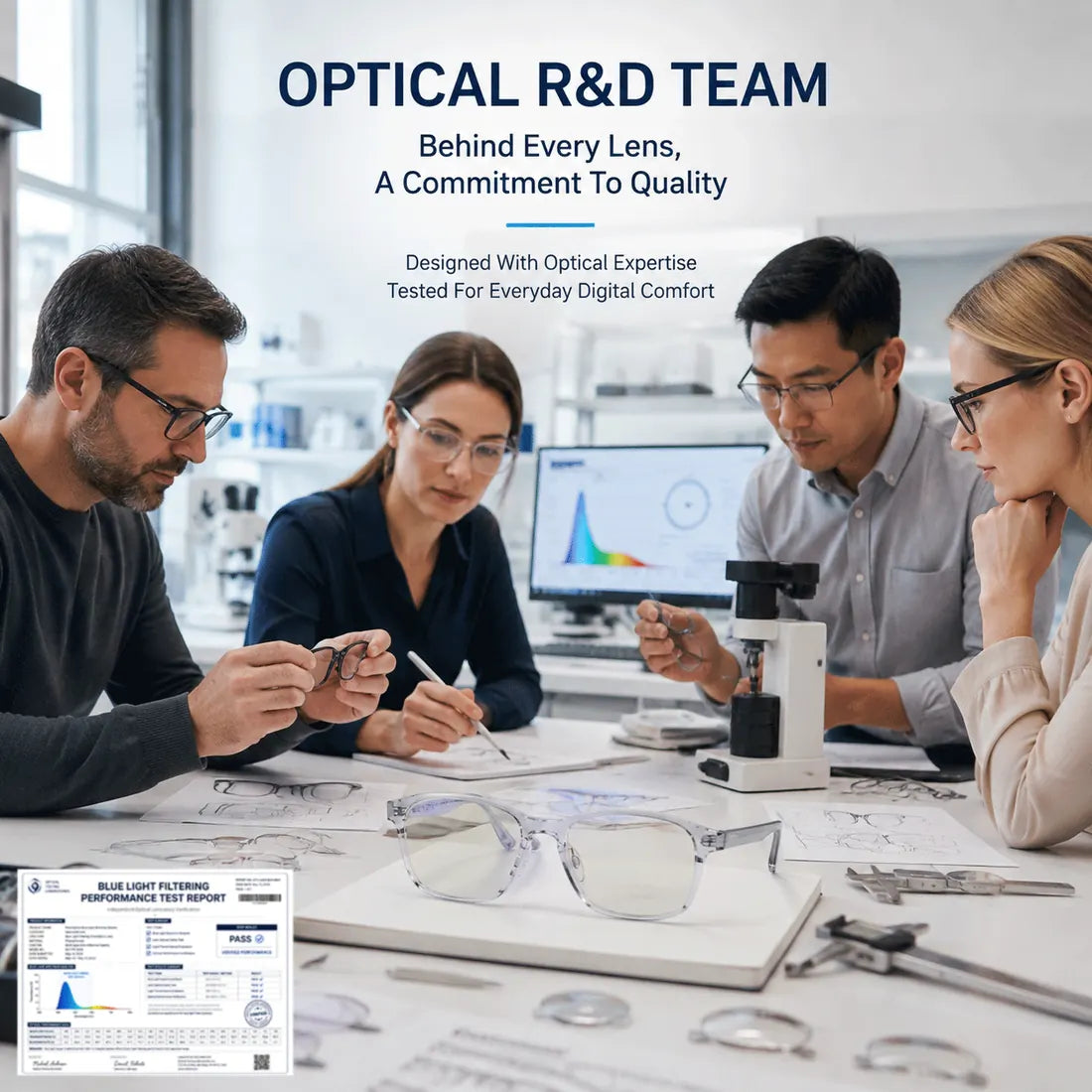 Optical R&D team quality trust section for blue light glasses