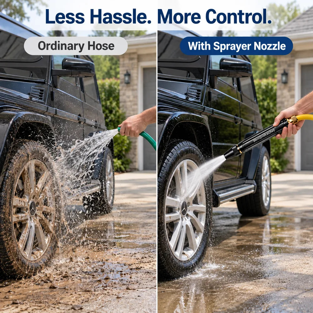 Ordinary hose compared with sprayer nozzle while washing a vehicle