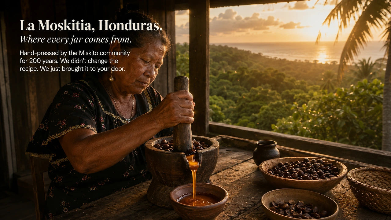 Miskito harvester hand-pressing Batana oil in La Moskitia, Honduras