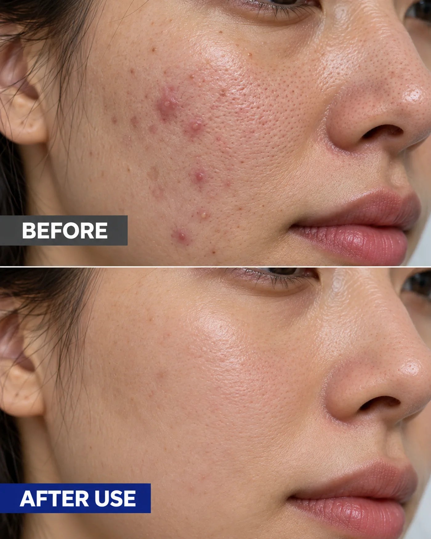 Before and after appearance comparison for blemish-prone skin