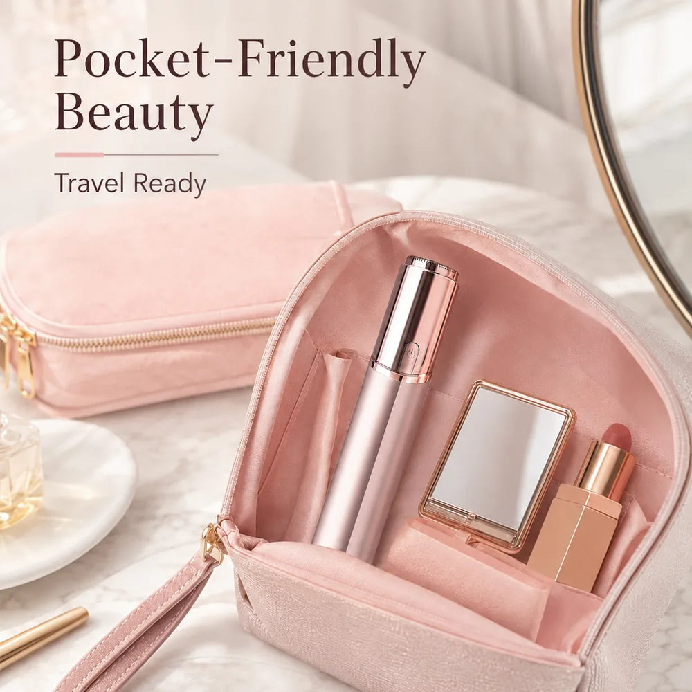 Pocket-friendly travel ready beauty pouch with rose-gold trimmer