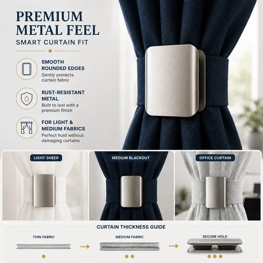 Premium metal feel and curtain thickness guide for magnetic curtain clips