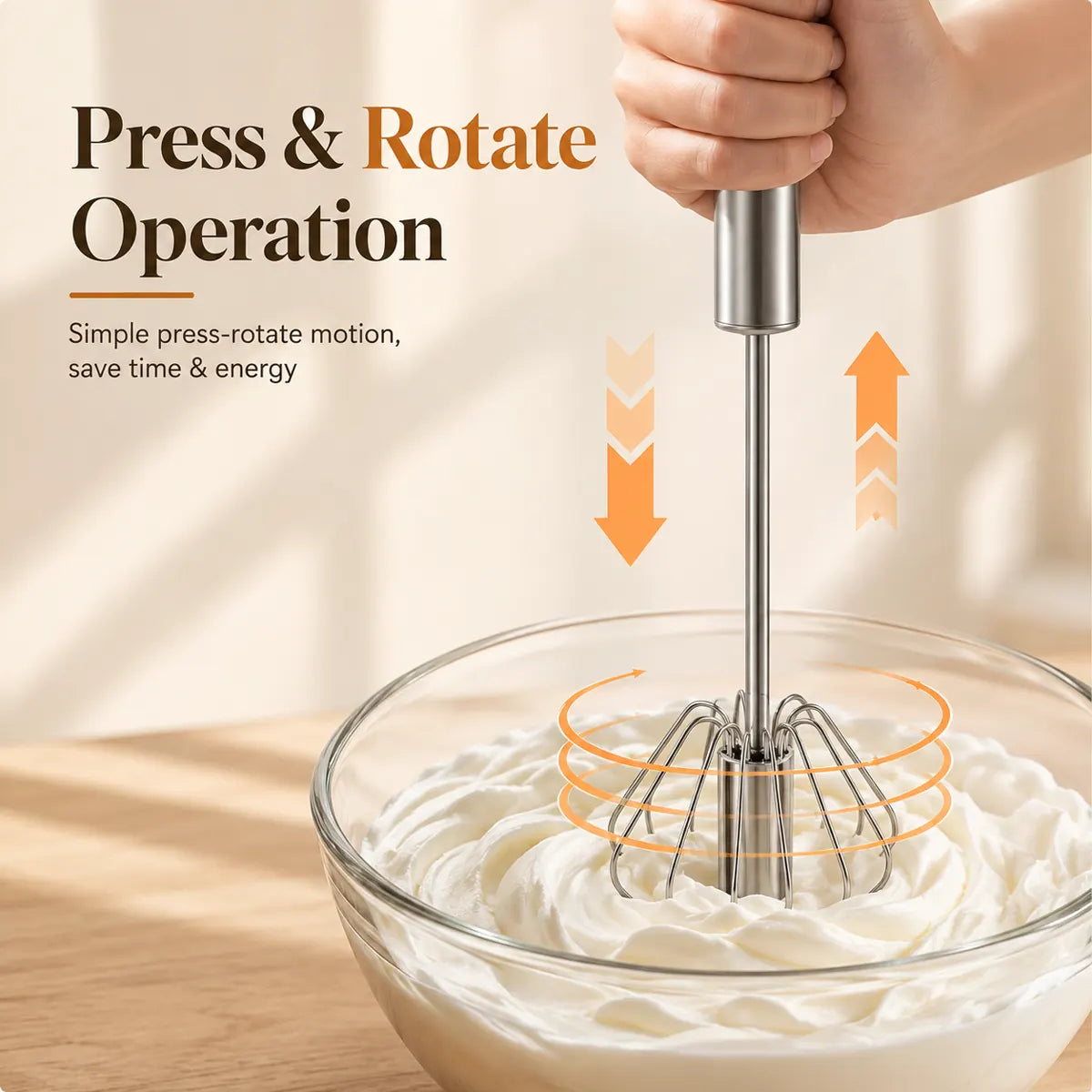 Press and rotate operation hand-push rotary whisk demo