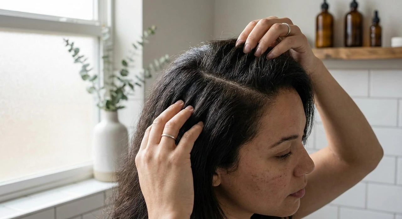 Woman checking a dry stressed scalp