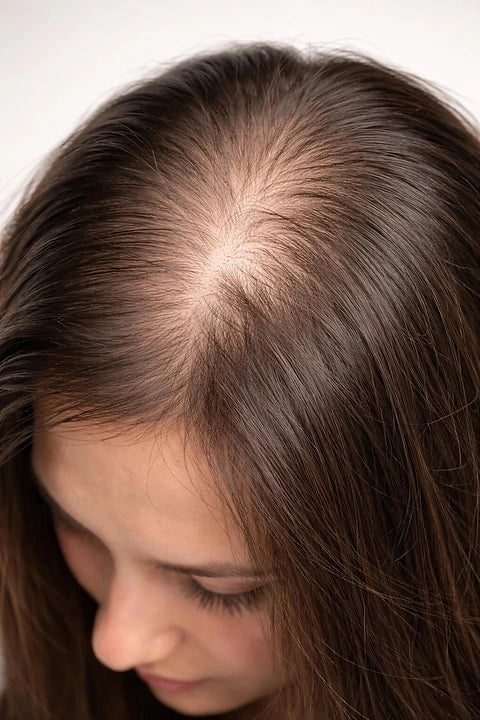 Close-up of widening hair part