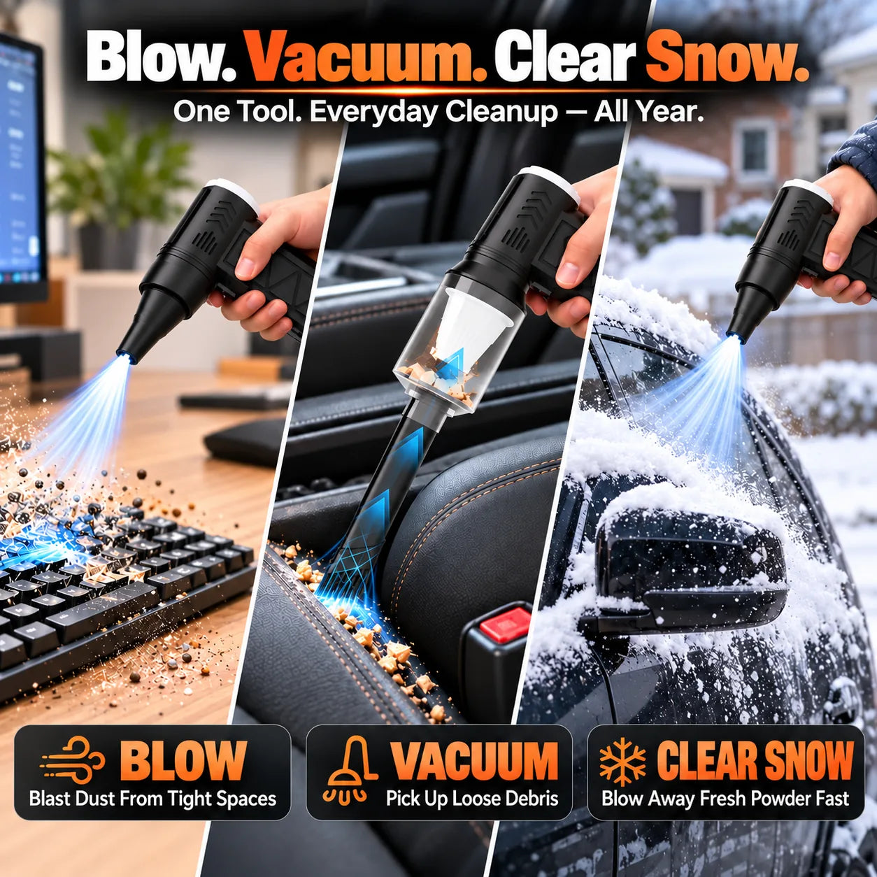 Three-in-one cordless air duster blowing keyboard dust, vacuuming car debris, and clearing fresh snow