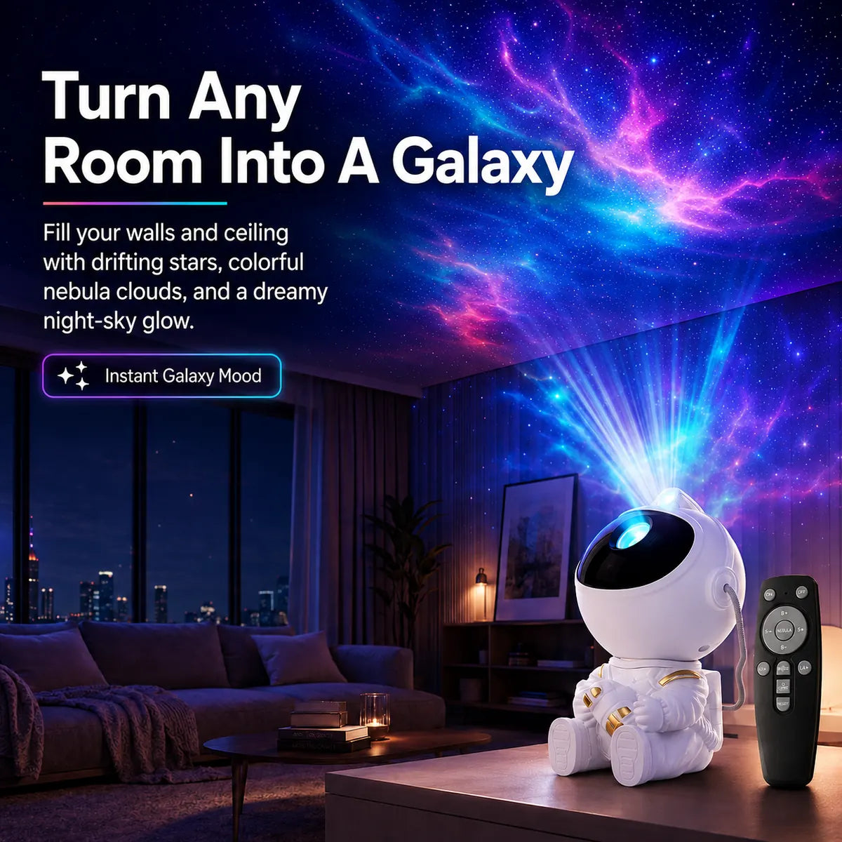 Astronaut galaxy star projector product displayed with colorful projected stars and nebula light