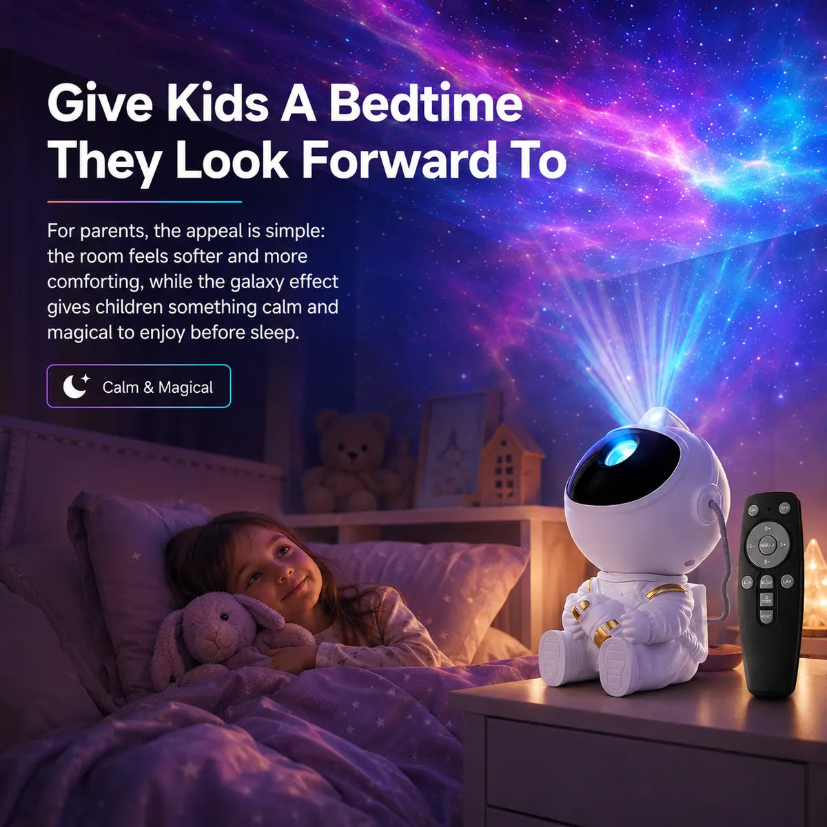 Child bedroom bedtime scene with soft galaxy star projector lighting on the ceiling