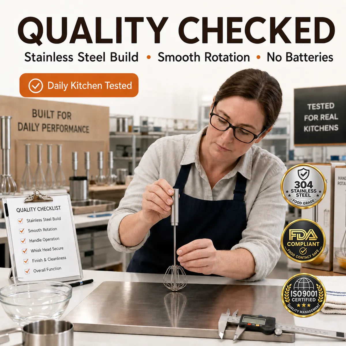 Quality checked stainless steel rotary whisk in a kitchen testing environment