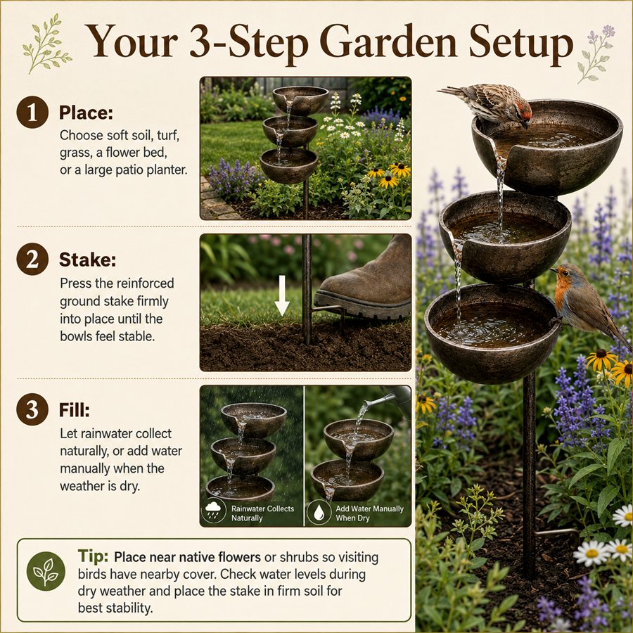 Your 3-step garden setup for rain catcher bird bath placement stake and fill instructions