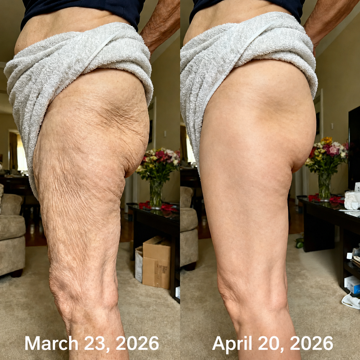 Real customer feedback showing smoother-looking thigh skin texture